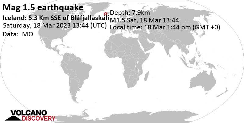 Minor mag. 1.5 earthquake - Iceland: 5.3 Km SSE of Bláfjallaskáli on Saturday, Mar 18, 2023 at 1:44 pm (GMT +0)