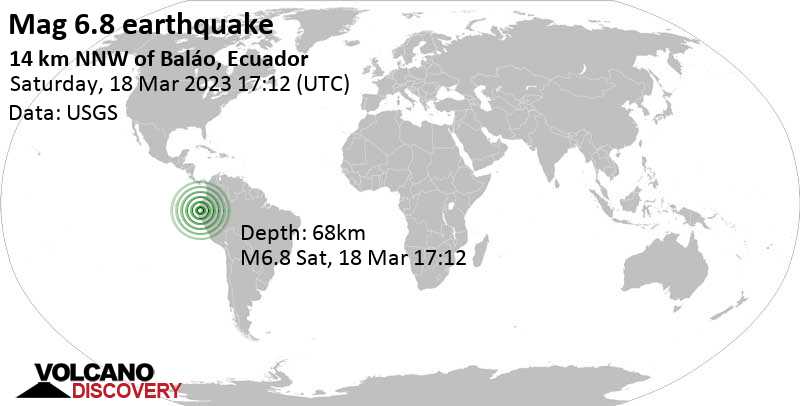 Sehr starkes Beben der Stärke 6.8 - South Pacific Ocean, Provincia del Azuay, 49 km nördlich von Machala, Ecuador, am Samstag, 18. Mär 2023 um 12:12 Lokalzeit