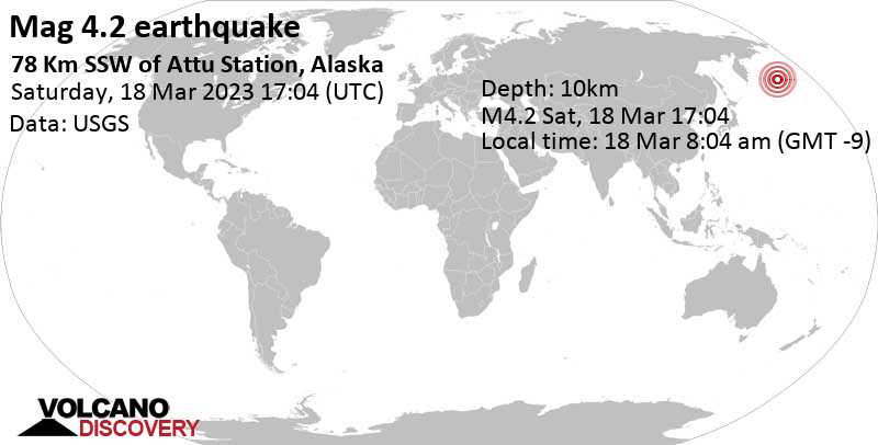 Умеренное землетрясение маг. 4.2 - Берингово море, 78 km к юго-западу от Attu Station, Aleutians West, Аляска, Соединенные Штаты, Суббота, 18 мар 2023 08:04 (GMT -9)