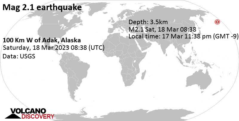 Weak mag. 2.1 earthquake - 100 Km W of Adak, Alaska, on Friday, Mar 17, 2023 at 11:38 pm (GMT -9)