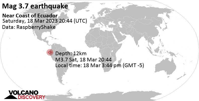 Light mag. 3.7 earthquake - South Pacific Ocean, 49 km north of Machala, Provincia de El Oro, Ecuador, on Saturday, Mar 18, 2023 at 3:44 pm (GMT -5)