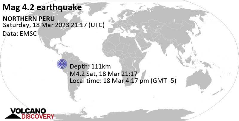 Light mag. 4.2 earthquake - 60 km northwest of Barranca, Datem del Marañon, Loreto, Peru, on Saturday, Mar 18, 2023 at 4:17 pm (GMT -5)