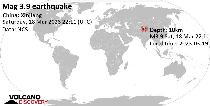 Moderate mag. 3.9 earthquake - 2.5 km east of Oytograk, Hotan Diqu, Xinjiang, China, on Sunday, Mar 19, 2023 at 6:11 am (GMT +8)