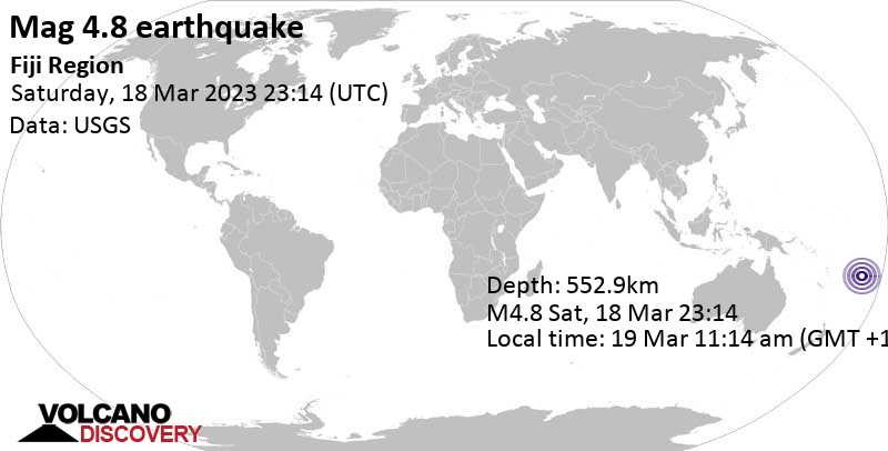 Séisme faible mag. 4.8 - South Pacific Ocean, Fidji, dimanche, 19 mars 2023 11:14 (GMT +12)