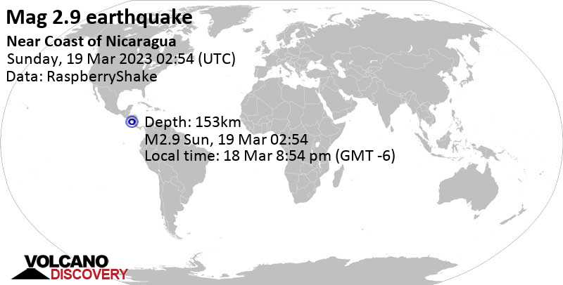Minor mag. 2.9 earthquake - 22 km south of Jinotepe, Carazo, Nicaragua, on Saturday, Mar 18, 2023 at 8:54 pm (GMT -6)