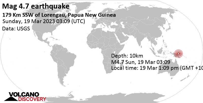4.7 quake Bismarck Sea, 211 km north of Madang, Papua New Guinea, Mar 19, 2023 1:09 pm (GMT +10)