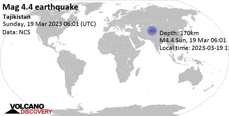 Light mag. 4.4 earthquake - 56 km southwest of Murghab, Gorno-Badakhshan, Tajikistan, on Sunday, Mar 19, 2023 at 11:01 am (GMT +5)