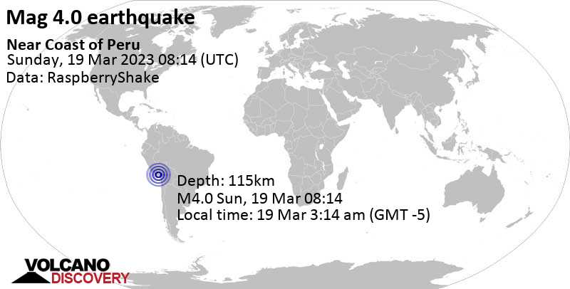 Light mag. 4.0 earthquake - 21 km northwest of Moquegua, Peru, on Sunday, Mar 19, 2023 at 3:14 am (GMT -5)