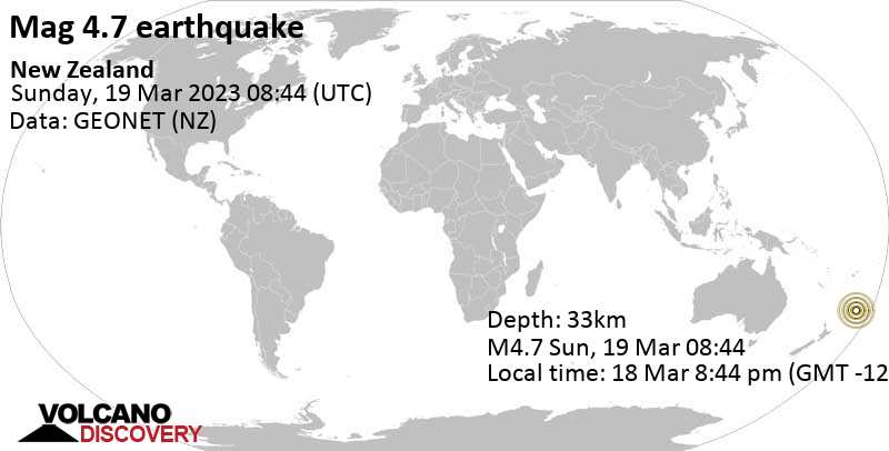 Stärke 4.7 - South Pacific Ocean, Neuseeland, am Samstag, 18. Mär 2023 um 20:44 Lokalzeit