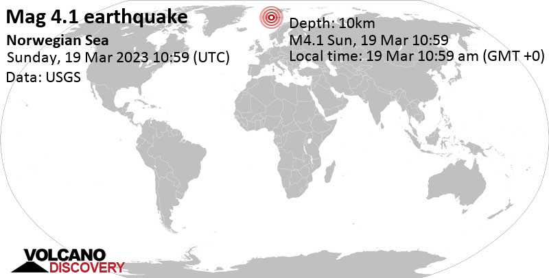 Moderate mag. 4.1 earthquake - Norwegian Sea on Sunday, Mar 19, 2023 at 10:59 am (GMT +0)