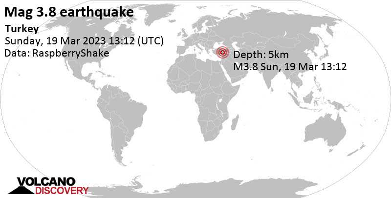 Moderate mag. 3.8 earthquake - 1.8 km northwest of Göksun, Kahramanmaraş, Turkey, on Sunday, Mar 19, 2023 at 4:12 pm (GMT +3)