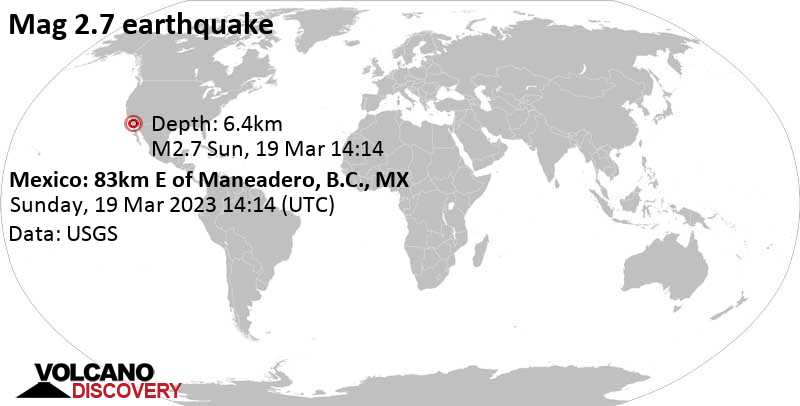 Weak mag. 2.7 earthquake - 58 km northeast of San Vicente, Ensenada Municipality, Baja California, Mexico, on Sunday, Mar 19, 2023 at 7:14 am (GMT -7)