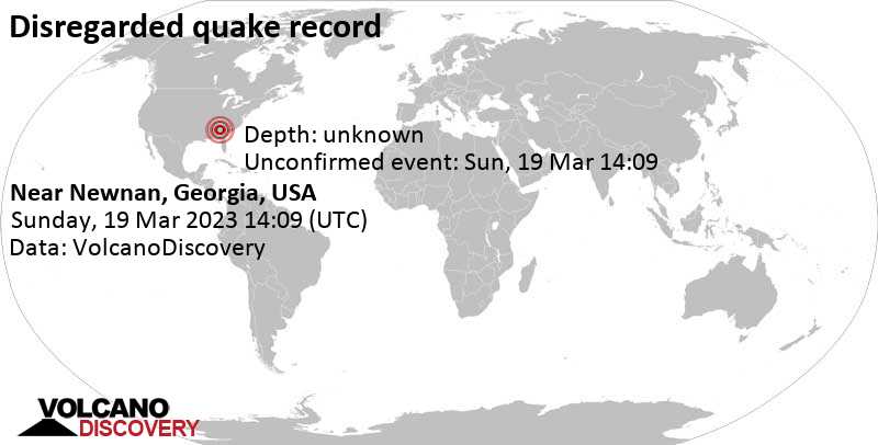 Reported seismic-like event (likely no quake): 32 km north of Newnan, Coweta County, Georgia, USA, Sunday, Mar 19, 2023 at 10:09 am (GMT -4)