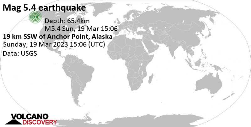 Séisme modéré mag. 5.4 - 20 km à l\'ouest de Homer, Arrondissement de Kenai Peninsula, Alaska, États-Unis, dimanche, 19 mars 2023 07:06 (GMT -8)