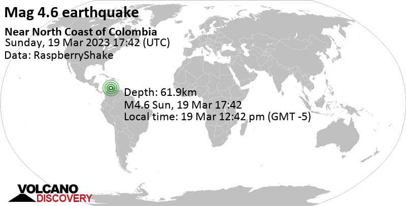 Stärke 4.6 - 31 km nördlich von Maicao, La Guajira, Kolumbien, am Sonntag, 19. Mär 2023 um 12:42 Lokalzeit