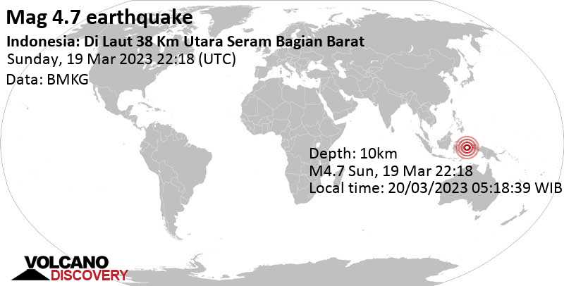 Séisme M 4.7: Ceram Sea, 107 km au nord de Ambon City, Maluku, Indonésie, lundi, 20 mars 2023 07:18 (GMT +9)