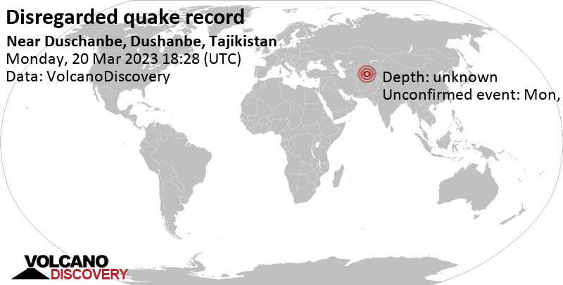 Reported seismic-like event (likely no quake): 2.7 km north of Duschanbe, Dushanbe, Tajikistan, Monday, Mar 20, 2023 at 11:28 pm (GMT +5)