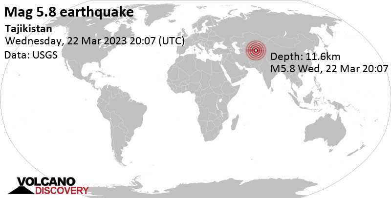 Tremblement de terre fort magnitude 5.8 - 96 km au sud-est de Istaravchan, Istaravshan District, Sughd, Tadjikistan, jeudi, 23 mars 2023 01:07 (GMT +5)