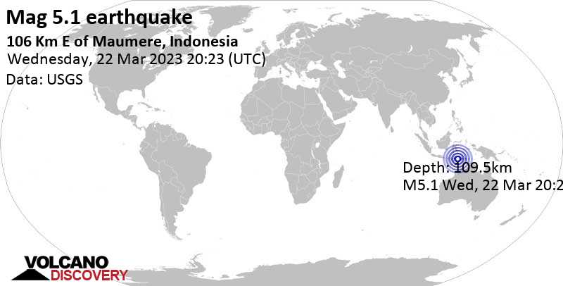 Moderate mag. 5.1 earthquake - Savu Sea, 160 km north of Kupang, East Nusa Tenggara, Indonesia, on Thursday, Mar 23, 2023 at 4:23 am (GMT +8)