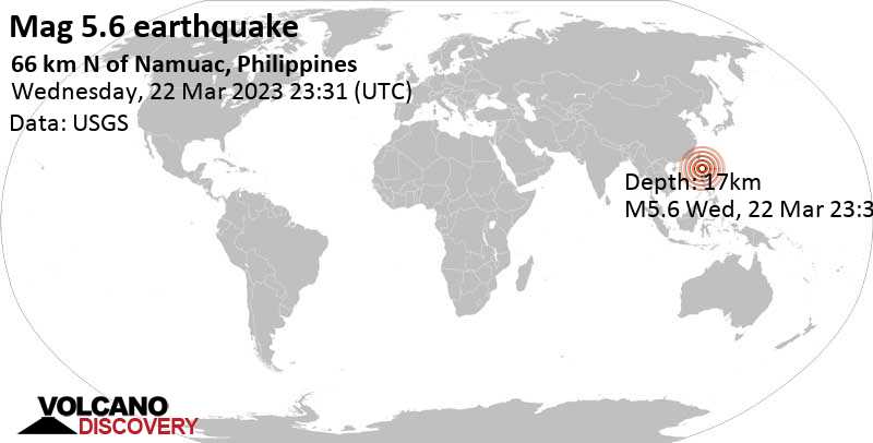 Strong mag. 5.6 earthquake - South China Sea, 132 km northeast of Laoag, Philippines, on Thursday, Mar 23, 2023 at 7:31 am (GMT +8)