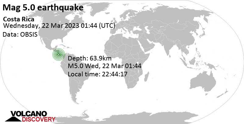 Mag. 5.0 earthquake - 40 km south of San Jose, Provincia de San José, Costa Rica, on Tuesday, Mar 21, 2023, at 07:44 pm (Costa Rica time)
