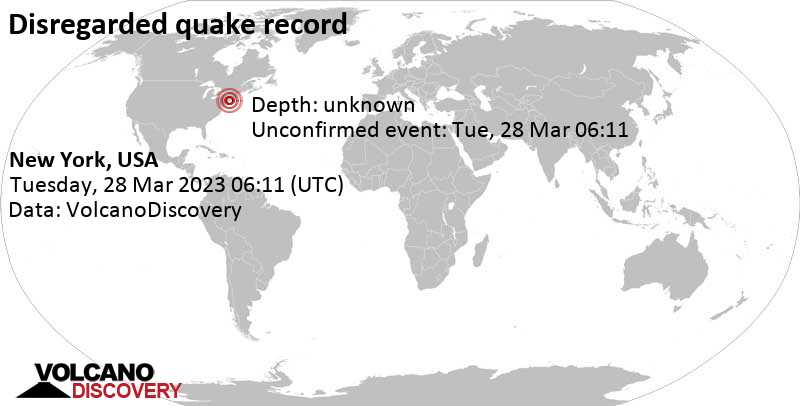 Reported seismic-like event (likely no quake): 7.8 km southeast of New York, USA, Tuesday, Mar 28, 2023 at 1:11 am (GMT -5)