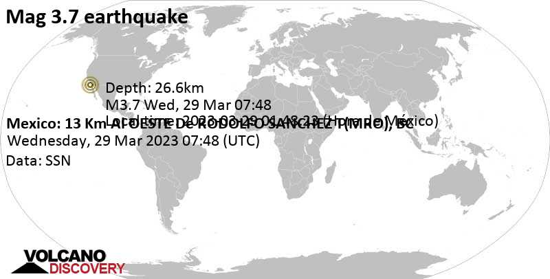 Light mag. 3.7 earthquake - North Pacific Ocean, 20 km southwest of Ensenada, Baja California, Mexico, on Wednesday, Mar 29, 2023 at 12:48 am (GMT -7)