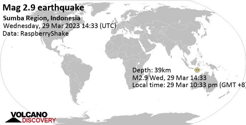 Weak mag. 2.9 earthquake - East Nusa Tenggara, Indonesia, on Wednesday, Mar 29, 2023 at 10:33 pm (GMT +8)