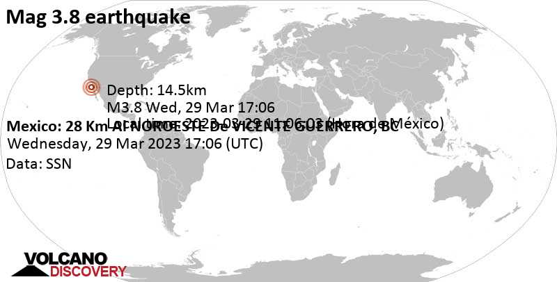 Light mag. 3.8 earthquake - North Pacific Ocean, 47 km northwest of Lazaro Cardenas, Mexico, on Wednesday, Mar 29, 2023 at 10:06 am (GMT -7)
