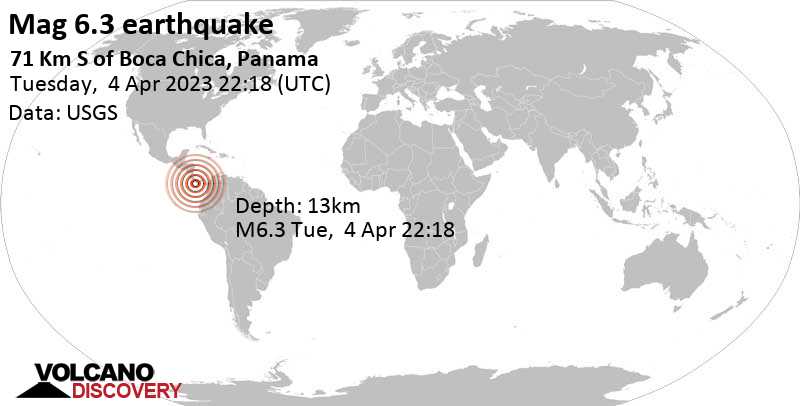 Terremoto molto forte magnitudine 6.3 - North Pacific Ocean, 95 km a sud da David, Provincia de Chiriqui, Panamá, martedì  4 apr 2023 alle 17:18 (Ora Panama)