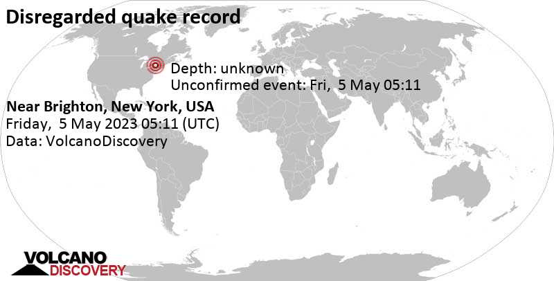Reported seismic-like event (likely no quake): 24 km southeast of Brighton, manarau ka\'unti County, New York, USA, Friday, May 5, 2023 at 1:11 am (GMT -4)
