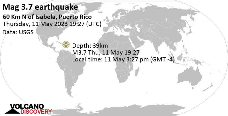 Pakistán Persistencia hueco Informe sismo: Sismo débil mag. 3.7 - North Atlantic Ocean, 76 km NW of  Arecibo, Puerto Rico, jueves, 11 may 2023 15:27 (GMT -4)