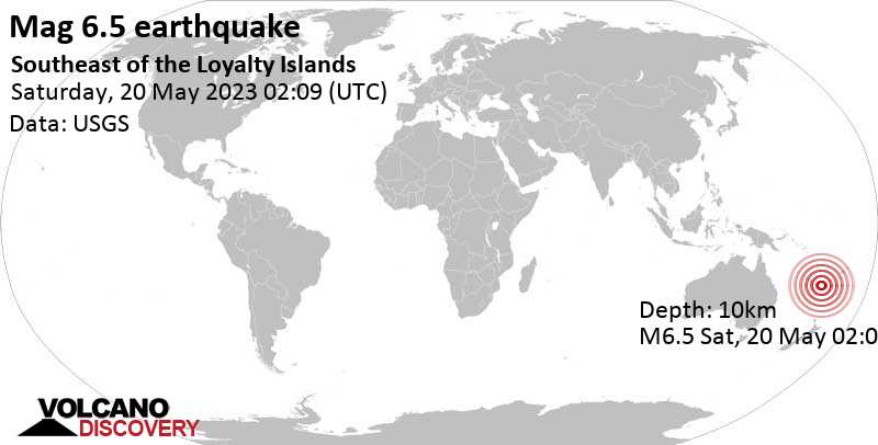 6.5 quake South Pacific Ocean, New Caledonia, May 20, 2023 1:09 pm (GMT +11)