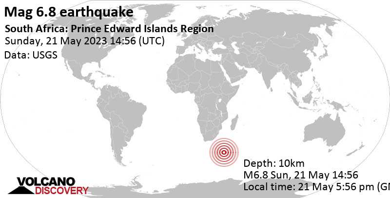6.8 quake Indian Ocean, South Africa, May 21, 2023 5:56 pm (GMT +3)