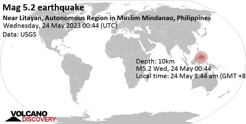 5.2 quake Celebes Sea, 99 km southwest of General Santos City, Philippines, May 24, 2023 8:44 am (GMT +8)