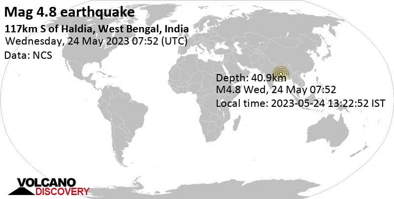 4.8 quake Bay of Bengal, 89 km south of Contai, East Midnapore, West Bengal, India, May 24, 2023 1:52 pm (GMT +6)