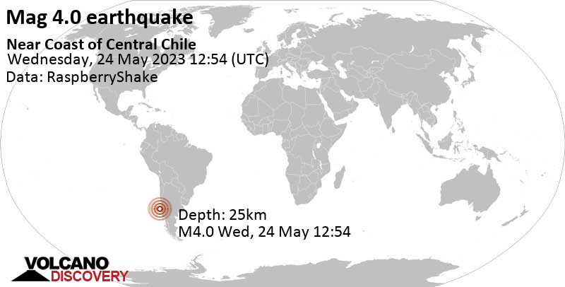 4.0 quake South Pacific Ocean, 50 km west of Talcahuano, Provincia de Concepcion, Region del Biobio, Chile, May 24, 2023 8:54 am (GMT -4)