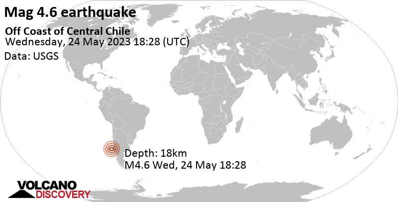 4.6 quake South Pacific Ocean, 248 km northwest of Valdivia, Los Rios Region, Chile, May 24, 2023 1:28 pm (GMT -5)