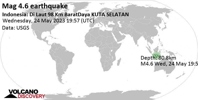 5.0 quake Indian Ocean, 114 km south of Denpasar, Bali, Indonesia, May 25, 2023 3:57 am (GMT +8)