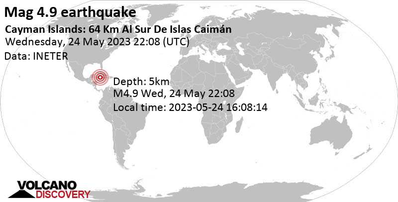 4.9 quake Caribbean Sea, 63 km south of Georgetown, George Town, Cayman Islands, May 24, 2023 5:08 pm (GMT -5)