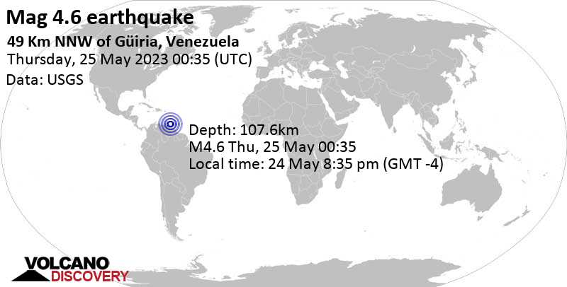 4.6 quake Caribbean Sea, 84 km northeast of Carupano, Municipio Bermudez, Sucre, Venezuela, May 24, 2023 8:35 pm (GMT -4)