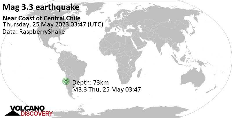 3.3 quake 25 km north of Ovalle, Provincia de Limari, Coquimbo Region, Chile, May 24, 2023 11:47 pm (GMT -4)