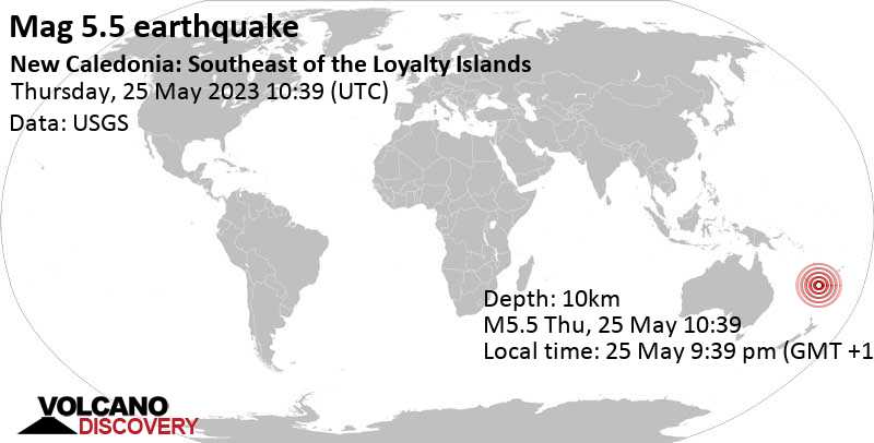 Stärke 5.5 - South Pacific Ocean, Neukaledonien, am Donnerstag, 25. Mai 2023 um 21:39 Lokalzeit