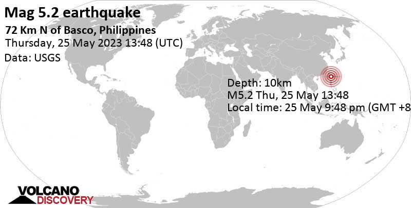 Stärke 5.2 - Philippine Sea, 73 km nördlich von Basco, Philippinen, am Donnerstag, 25. Mai 2023 um 21:48 Lokalzeit