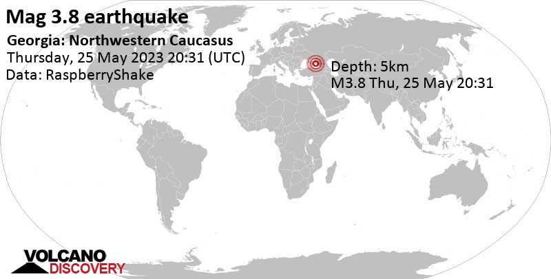 3.8 quake Black Sea, Georgia, 5.1 km south of Tuapse, Russia, May 25, 2023 11:31 pm (GMT +3)