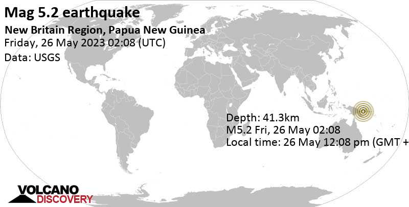Stärke 5.2 - 69 km südlich von Kimbe, Papua-Neuguinea, am Freitag, 26. Mai 2023 um 12:08 Lokalzeit