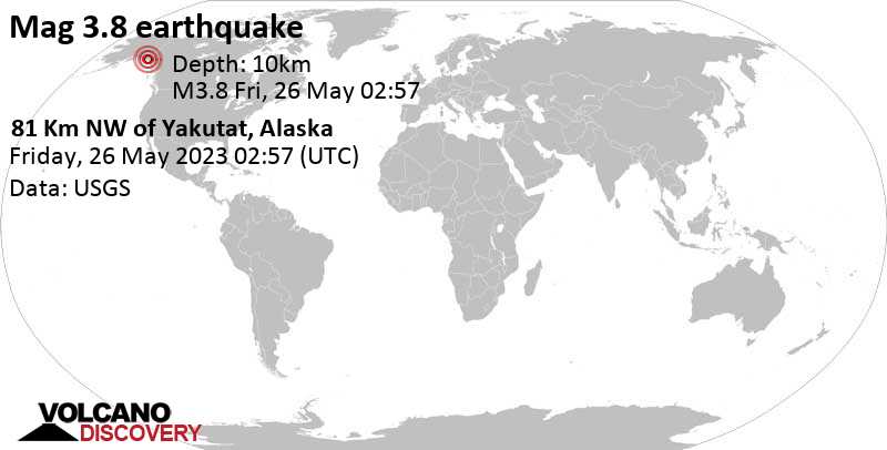 Light mag. 3.8 earthquake - 43 mi northwest of Yakutat, Alaska, USA, on Thursday, May 25, 2023 at 6:57 pm (GMT -8)
