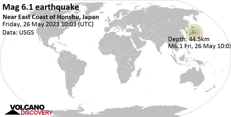 Stärke 6.1 - Nordpazifik, 14 km östlich von Tōgane, Chiba, Japan, am Freitag, 26. Mai 2023 um 19:03 Lokalzeit