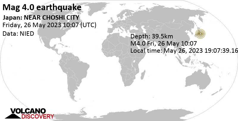 Stärke 4.0 - Nordpazifik, 9.3 km südlich von Hasaki, Chōshi-shi, Chiba, Japan, am Freitag, 26. Mai 2023 um 19:07 Lokalzeit