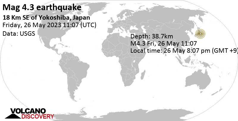 Stärke 4.3 - Nordpazifik, 47 km östlich von Chiba, Japan, am Freitag, 26. Mai 2023 um 20:07 Lokalzeit
